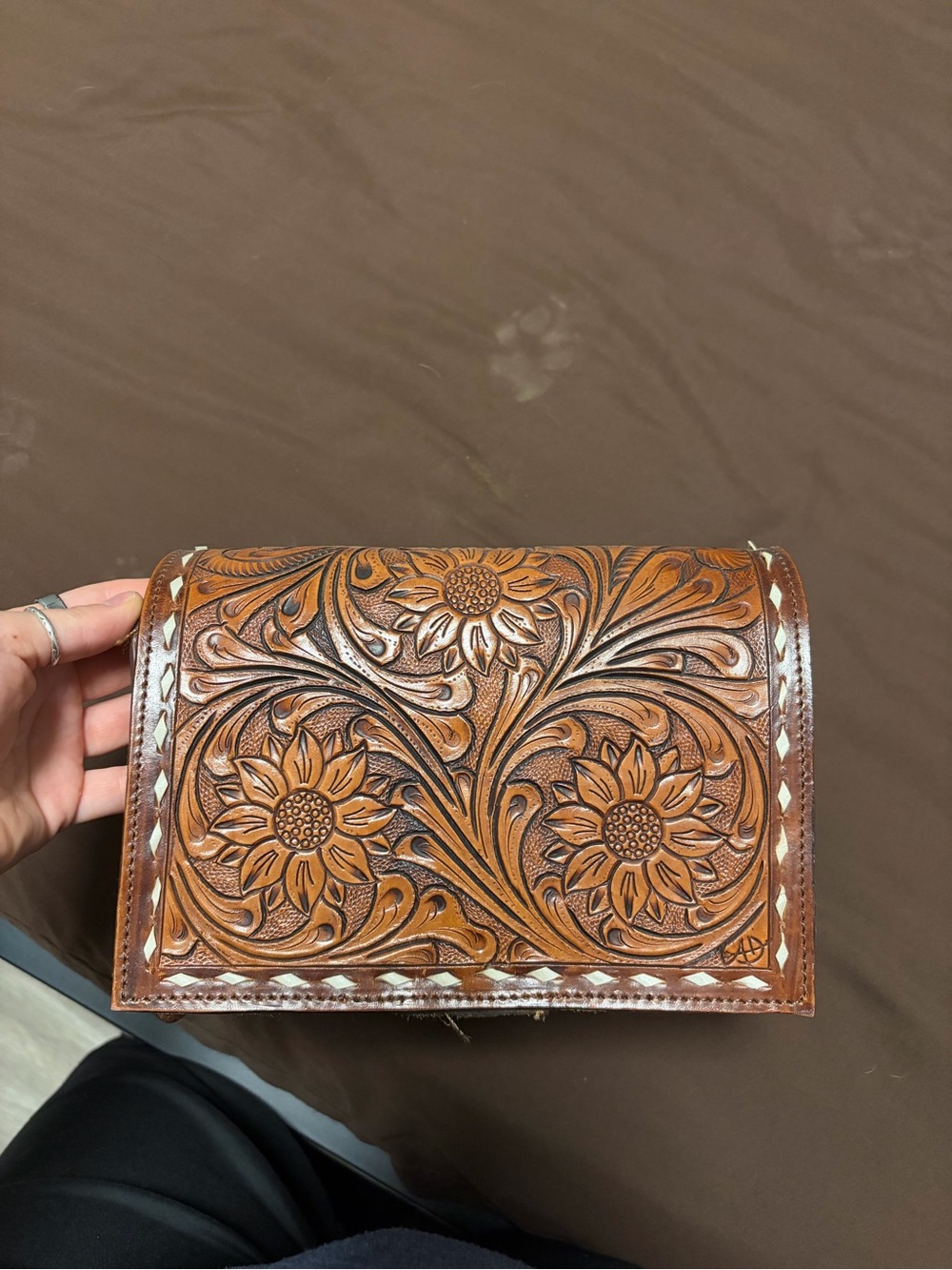 American Darling Hand-Tooled Sunflower Leather Clutch in Warm Brown